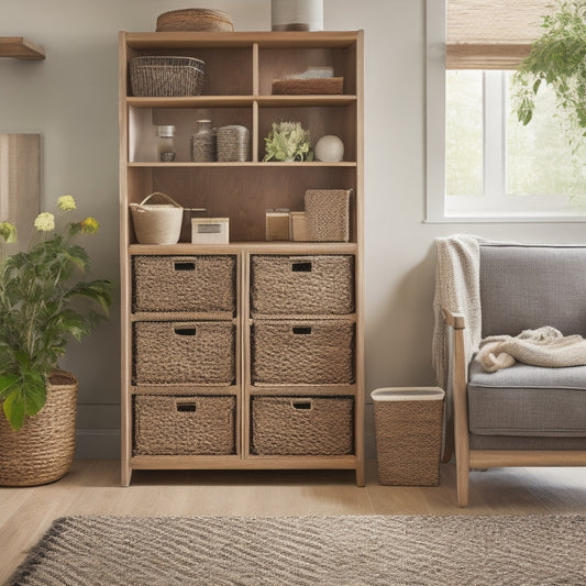 A warm and organized living room with a senior-friendly storage system: a wooden cabinet with easy-to-grasp handles, a labeled shelving unit, and a woven basket on a low-to-the-ground shelf.