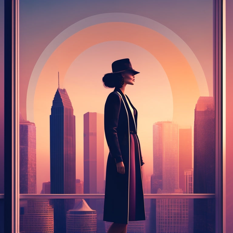 A minimalist illustration featuring a stylized, modern female silhouette standing in front of a subtle cityscape at sunset, surrounded by floating abstract shapes in shades of rose, gold, and navy blue.