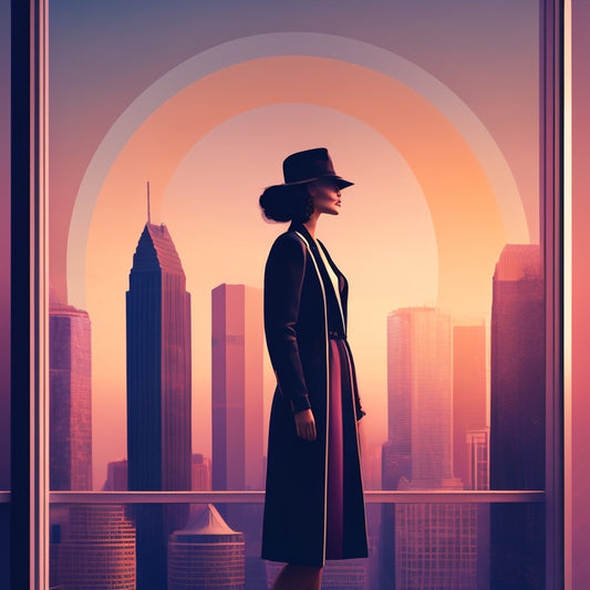 A minimalist illustration featuring a stylized, modern female silhouette standing in front of a subtle cityscape at sunset, surrounded by floating abstract shapes in shades of rose, gold, and navy blue.