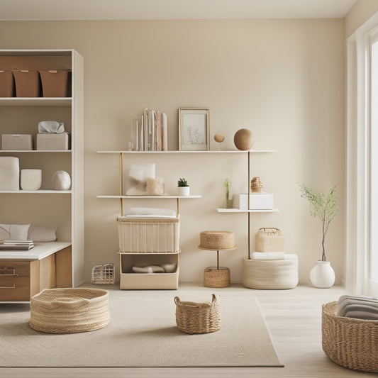 A serene, minimalist room with a neutral color palette, featuring a floor-to-ceiling shelving unit with neatly arranged storage bins, baskets, and a few decorative objects.