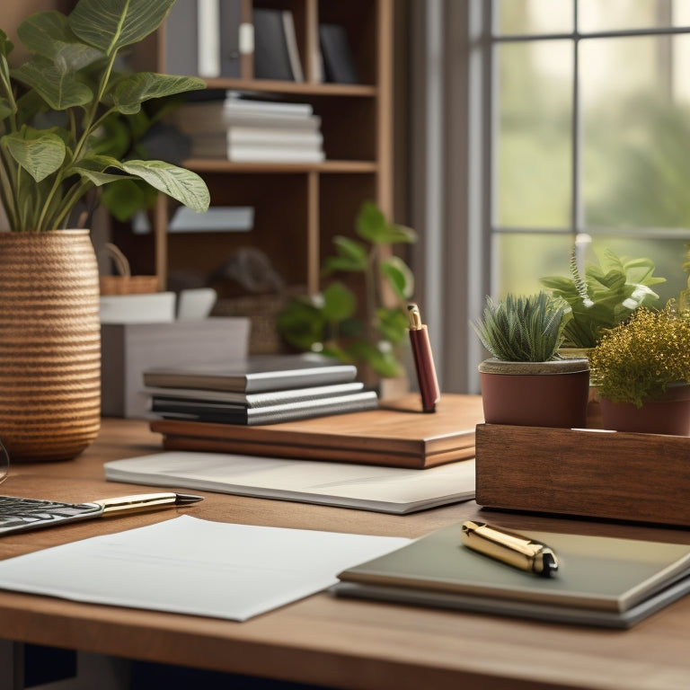 A tidy home office desk with a wooden paper tray, labeled folders, and a stack of organized files, surrounded by a minimalist background and a few scattered pens and a small plant.