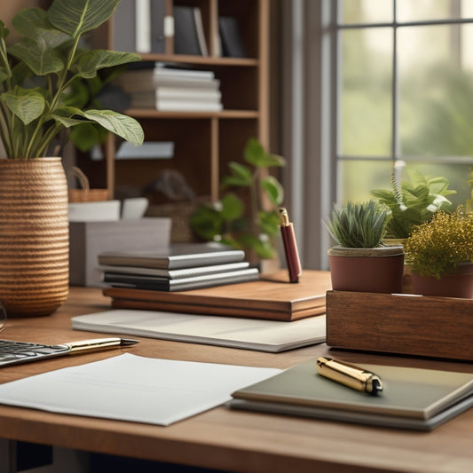 A tidy home office desk with a wooden paper tray, labeled folders, and a stack of organized files, surrounded by a minimalist background and a few scattered pens and a small plant.