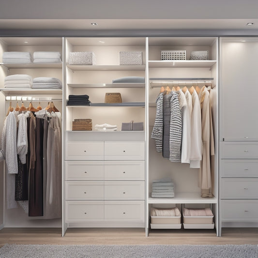 A sleek, modern closet interior with polished white steel shelves, drawers, and rods, illuminated by soft, warm lighting, and adorned with neatly organized clothing and accessories.