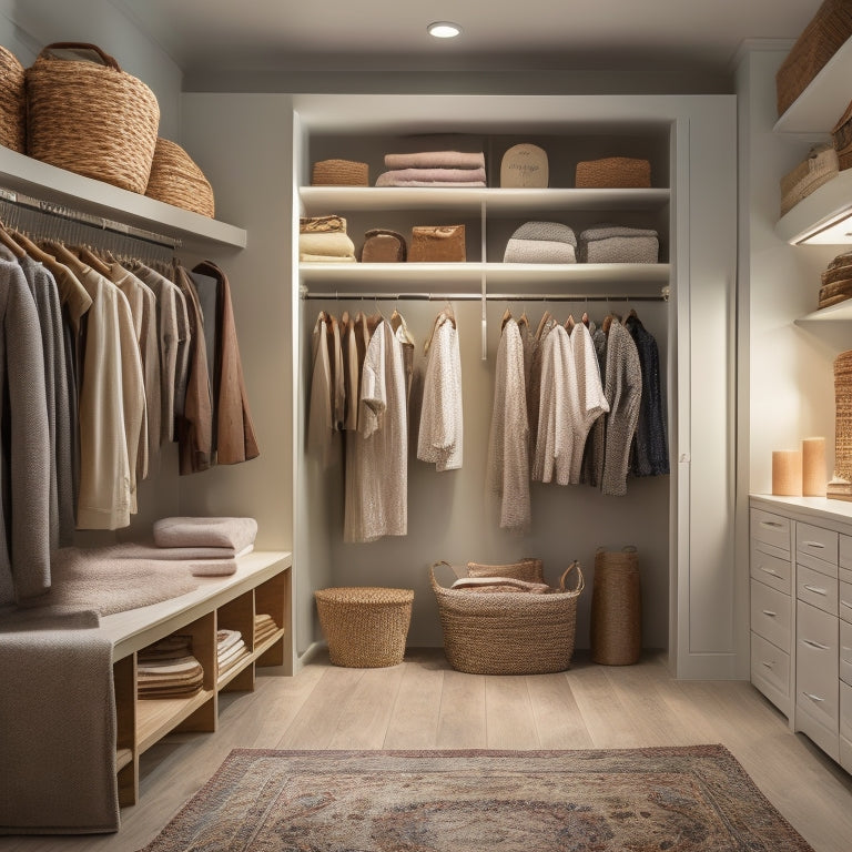 A serene, well-lit closet with sleek, floor-to-ceiling shelves, a few neatly hung garments, and a few folded piles of clothes in a natural fiber basket on a plush area rug.