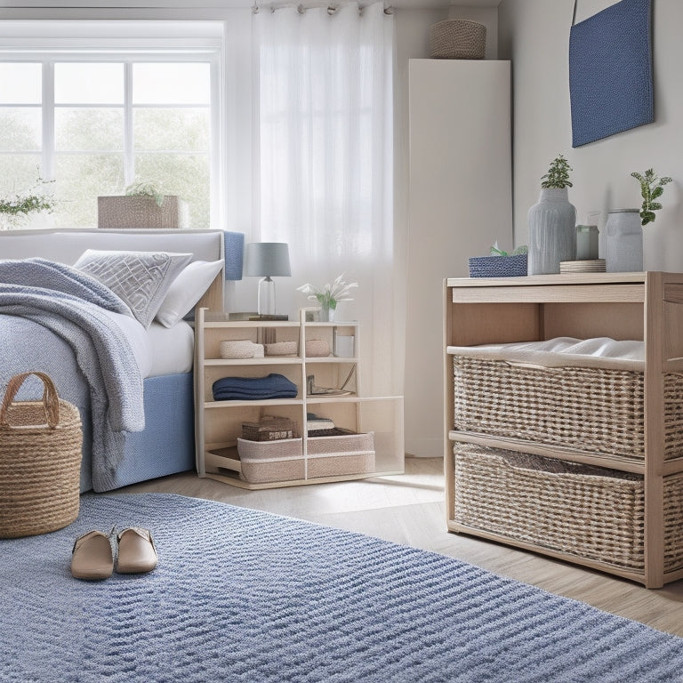A tidy bedroom with a raised bed frame, showcasing three types of under-bed storage containers: woven baskets, clear plastic bins, and fabric drawers, in a soft, calming color palette.