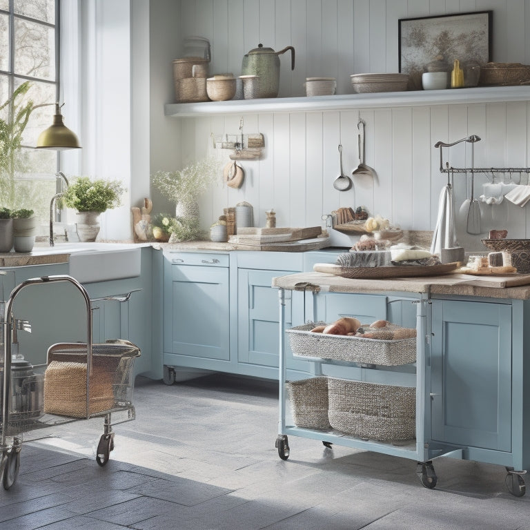 A cluttered kitchen with a traditional cart in the background, contrasted with a sleek, modern space-saving cart with a stool tucked underneath, surrounded by ample counter space and minimal clutter.