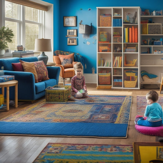 A colorful, clutter-free living room with a child sitting cross-legged on a vibrant rug, surrounded by educational toys, puzzles, and books, with a wooden desk and chair in the background.