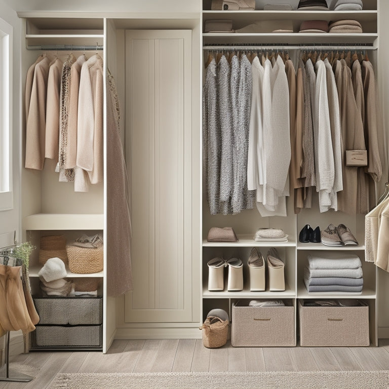 A serene, well-lit closet interior with a neutral beige background, featuring a double rod with organized clothing sections, stacked storage bins, and a few neatly arranged shoes on a wooden shelf.