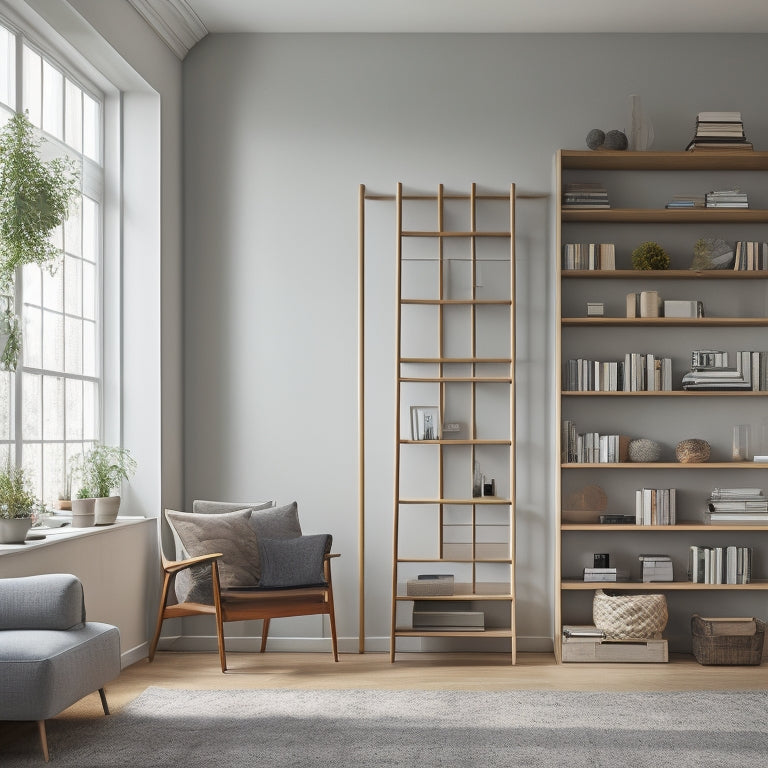 A serene, minimalist living room featuring a floor-to-ceiling, ladder-like bookshelf with spaced wooden slats, holding a few dozen books and decorative objects, against a light gray background.