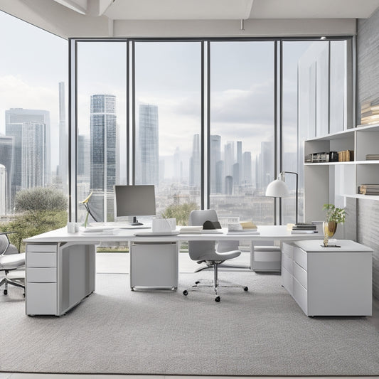 A modern, sleek, and minimalist workspace with a combination of Keter Italia's storage units, shelving systems, and desks, all in a calming white and gray color scheme, amidst a blurred cityscape backdrop.