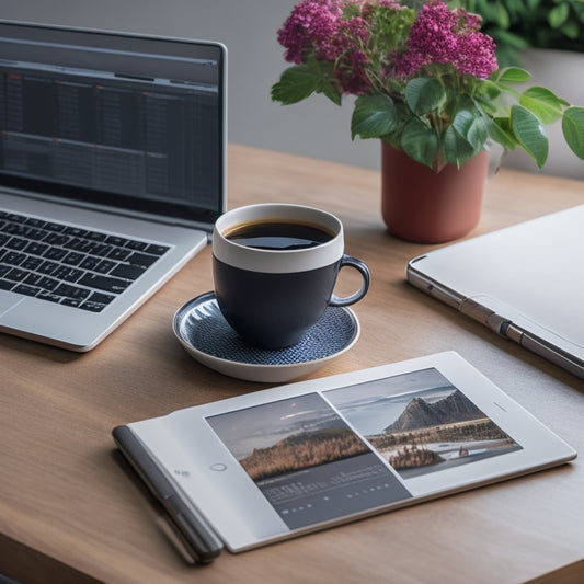 A minimalist digital planner open on a sleek laptop screen, surrounded by a tidy desk with a few colorful pens, a small plant, and a cup of steaming coffee.