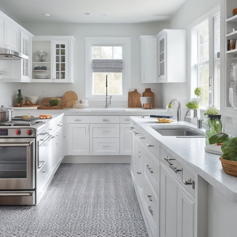 A bright, white kitchen with sleek countertops, a stainless steel refrigerator, and a large island with built-in drawers and a sink, surrounded by neatly arranged utensils and cookbooks.