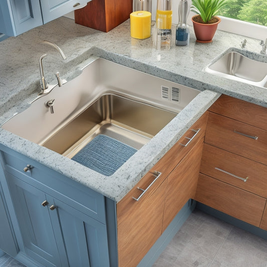 A tidy, modern kitchen sink area with a slide-out drawer, pedestal sink organizer, and adhesive hooks, showcasing maximized storage potential beneath a sleek, granite countertop.
