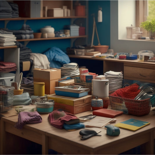 A cluttered room with piles of clothes, books, and kitchen utensils scattered everywhere, contrasted with a tidy background featuring labeled storage bins, a calendar, and a minimalist desk.