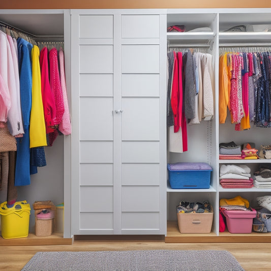 A cluttered closet with clothes scattered on the floor, contrasted with a tidy organized closet featuring a DIY shelving system, colorful bins, and a pegboard with hooks and accessories.