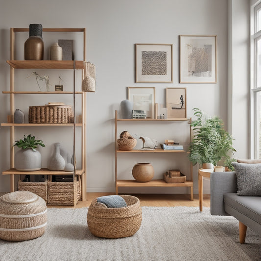 A tidy, modern living room with a minimalist aesthetic, featuring a ladder bookshelf, woven baskets, and a stylish storage ottoman, with a few carefully placed decorative objects.