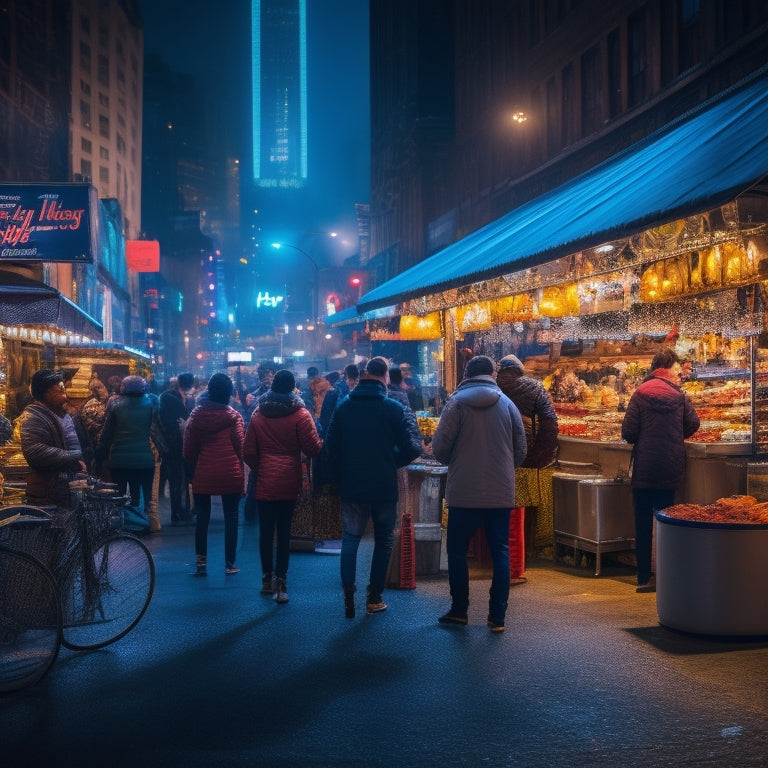 A bustling nighttime street scene in NYC, featuring a vibrant food market with colorful neon lights, steam rising from food carts, and people from diverse backgrounds gathered around tables, savoring dishes.