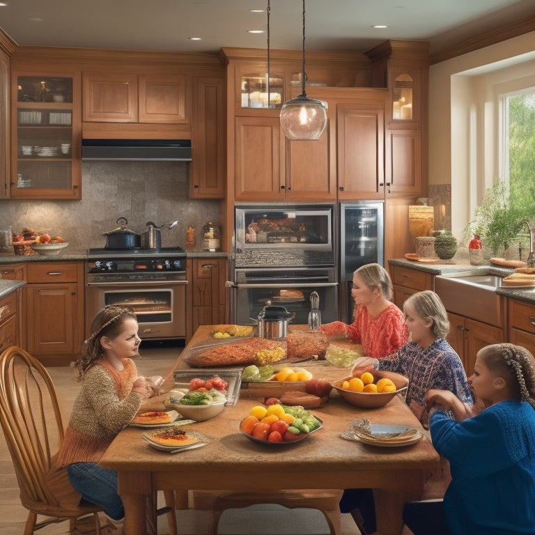 A bustling kitchen with a large island, double ovens, and a 6-burner stovetop, surrounded by 8-10 family members of varying ages, amidst a backdrop of organized cabinetry and countertops.