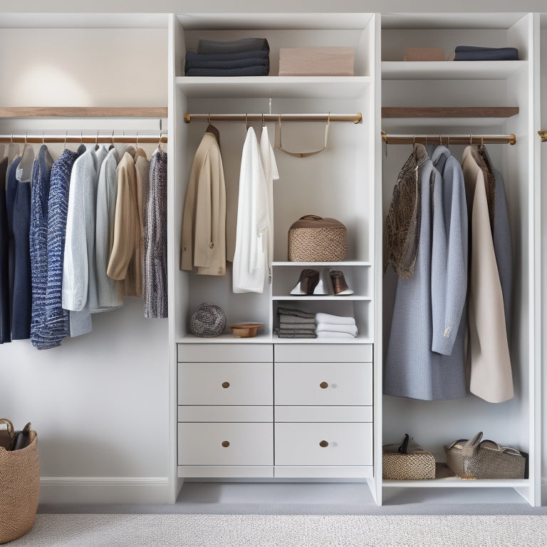 A clutter-free, minimalist closet interior with a mix of hanging rods, shelves, and cubbies, featuring a sliding door, a hanging organizer, and a few stylishly arranged clothes and accessories.