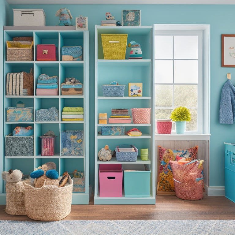 A bright, organized kids' closet with pastel-colored storage bins, a wooden shelf with neatly stacked books, and a few favorite toys hung on hooks, surrounded by calming blue walls and natural light.