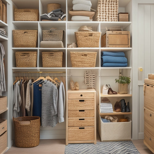 A clutter-free closet interior with a mix of open shelves, closed drawers, and hanging rods, featuring repurposed crates, woven baskets, and a wooden pegboard with hooks.