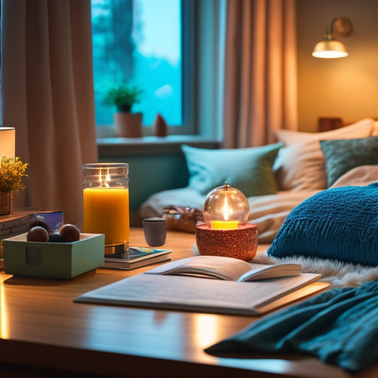 A serene bedroom scene with a laptop on a bedside table, a partially open guidebook with colorful tabs, and a few inspirational decor items nearby, surrounded by soft, warm lighting.