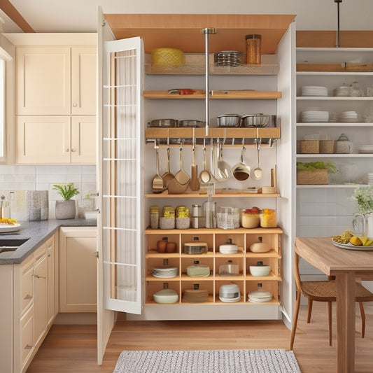 A bright, modern kitchen with a warm beige countertop, featuring a pull-out spice rack in a corner, a hanging utensil organizer above the countertop, and a rotating carousel in a tall cabinet.