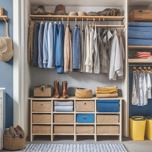 A tidy closet with a mix of open shelves, drawers, and hanging rods, featuring a DIY shoe organizer made from repurposed crates, a pegboard with hooks, and baskets in various sizes and colors.