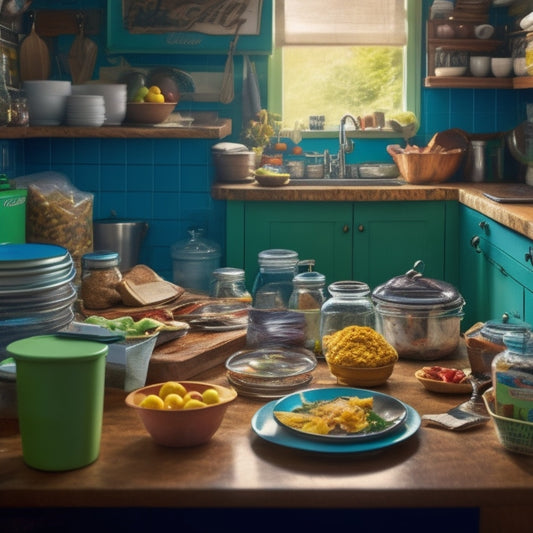 A cluttered small kitchen with stacked dirty dishes, overflowing countertops, and a trash can overflowing with food wrappers, juxtaposed with a clean and organized kitchen in the background.