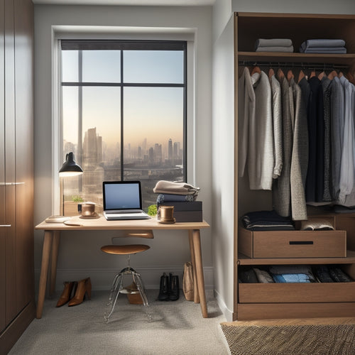 A tidy, modern closet with a laptop and notebook on a shelf, surrounded by neatly arranged clothes, shoes, and accessories, with a subtle background of a cityscape or a peaceful landscape.
