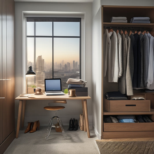 A tidy, modern closet with a laptop and notebook on a shelf, surrounded by neatly arranged clothes, shoes, and accessories, with a subtle background of a cityscape or a peaceful landscape.