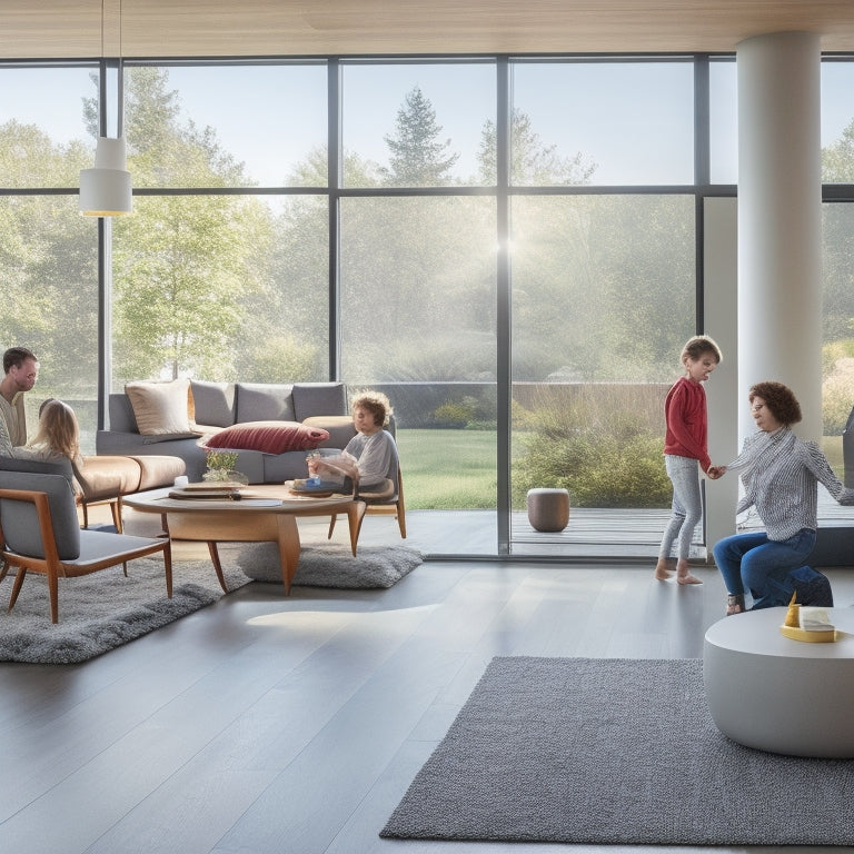 A modern, open-plan living area with sleek lines, minimalist decor, and large windows, featuring a family of four engaging in various activities, surrounded by smart home devices and sustainable design elements.