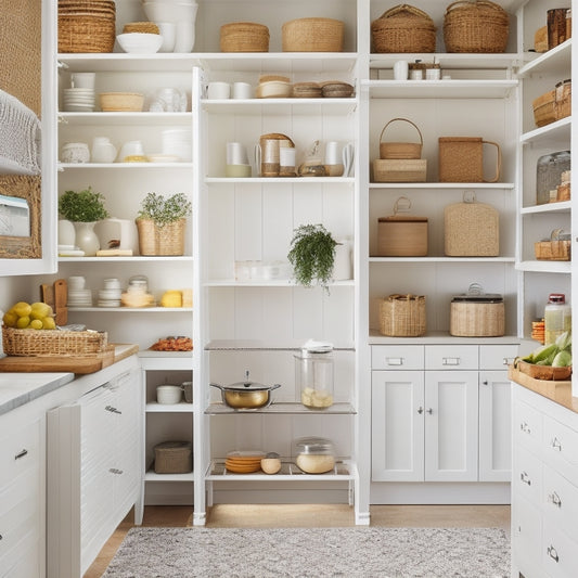 A bright, modern kitchen with a partially open pantry door, revealing stacked, labeled baskets, tiered shelves, and a pegboard with hanging utensils, against a soft, creamy background.