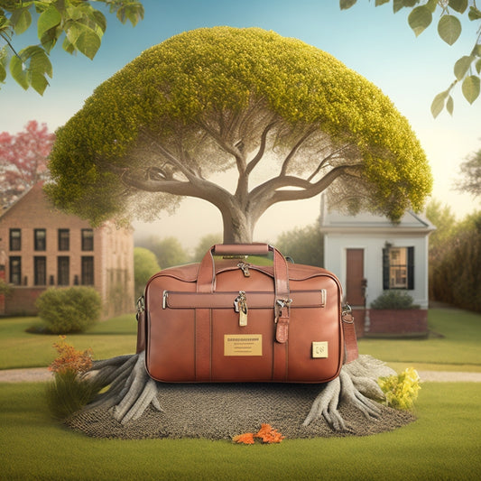 A serene illustration of a sturdy, blooming tree with roots that morph into a supportive network of housing services, including a key, a hammer, a briefcase, and a helping hand.