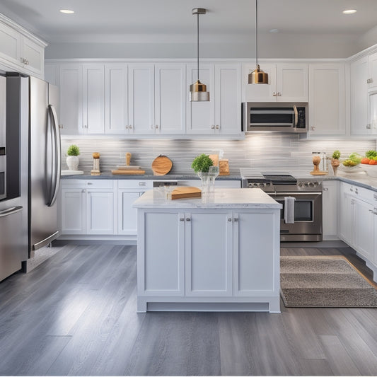 A bright, modern kitchen with sleek white cabinets, a large island with a built-in sink, a stainless steel refrigerator, and a cooking range against a bold, dark gray backsplash.