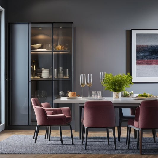 A modern, bright dining room with a wall-mounted cabinet featuring sliding glass doors, a built-in wine rack, and a few decorative dinner plates on display, surrounded by minimal, sleek furniture.