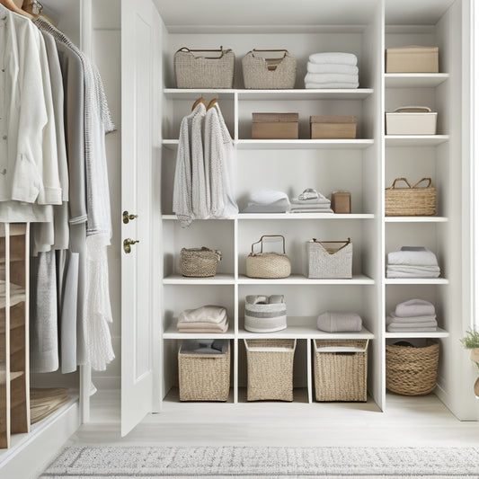 A serene, whitewashed closet with a compact, wall-mounted shelf system, double rods, and a floor-to-ceiling storage unit with woven baskets, reflecting a sense of calm and functionality.