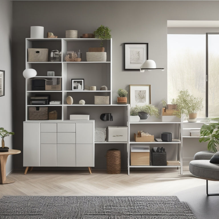 A serene, modern living room with a sleek, wall-mounted shelving unit, baskets, and decorative bins, alongside a minimalist desk with a few, neatly organized storage cubes.