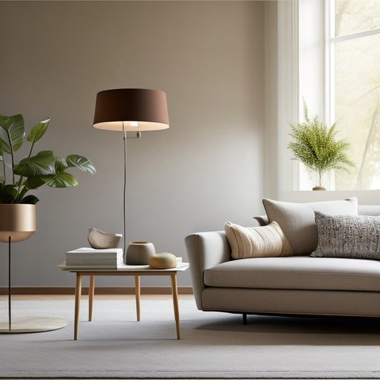 A minimalist living room with a sleek, low-profile storage ottoman in a neutral fabric, surrounded by a few carefully placed decorative objects and a statement light fixture.