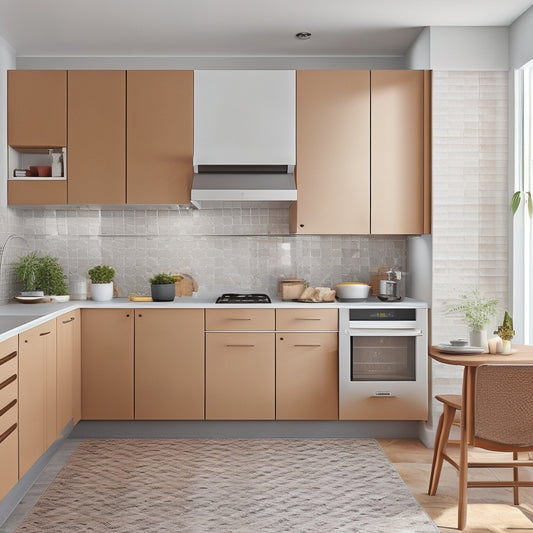 A bright, modern small kitchen with light-gray cabinets, white countertops, and a compact, hexagonal-tiled floor in a warm, honey-brown color, surrounded by sleek, space-saving appliances.