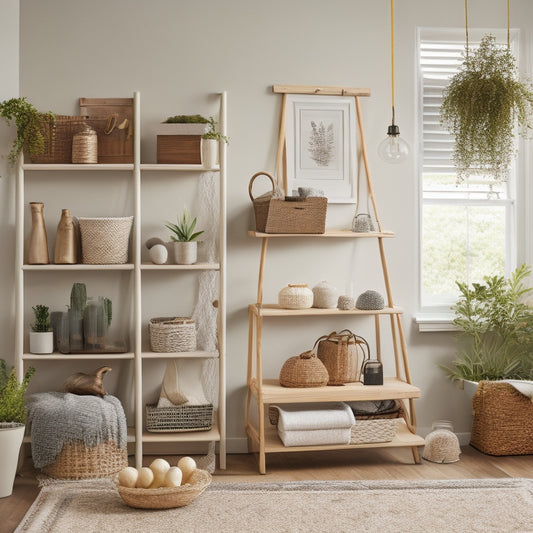 A serene, well-organized living room with a minimalist aesthetic, featuring a repurposed ladder bookshelf, woven baskets, and a DIY pegboard displaying decorative items and household essentials.