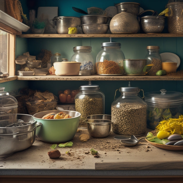 A chaotic kitchen cabinet interior with stacked, toppled, and mismatched containers, utensils, and cookware, surrounded by crumbs, spills, and dust, with a few lids scattered on the shelf or floor.