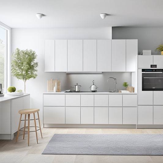 A minimalist, white kitchen with 5 different cabinet layouts: galley, L-shape, U-shape, peninsula, and island, each with sleek, handle-less doors and organized contents, set against a soft, gray background.