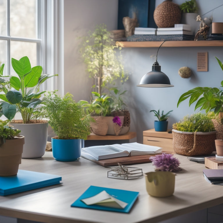 A serene, decluttered workspace with a organized desk, colorful file folders, and a few thriving plants, surrounded by calming natural light and a subtle background of motivational quotes on a corkboard.