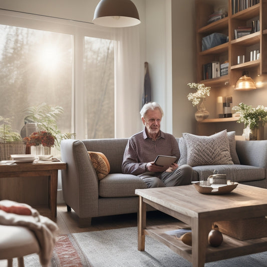 A serene, clutter-free living room with a senior sitting comfortably on a couch, holding a tablet with a simple home organization app open, surrounded by neatly labeled storage bins and a few gentle, warm sunlight rays.