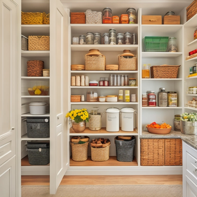 A tidy pantry with floor-to-ceiling shelves, baskets, and bins in a soothing white and wood tone color scheme, featuring a pull-out spice rack and a tiered shelf for canned goods.