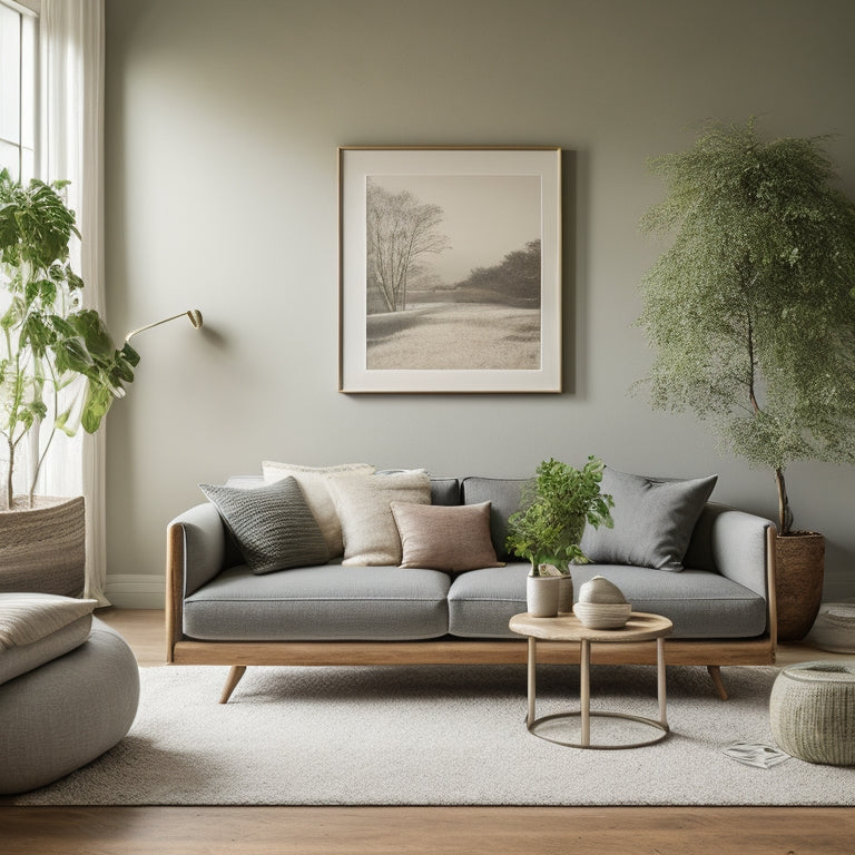 A serene, minimalist living room with a calm color palette, featuring a sleek, low-profile sofa, a reclaimed wood coffee table, and a lush greenery wall, surrounded by soft, warm lighting.