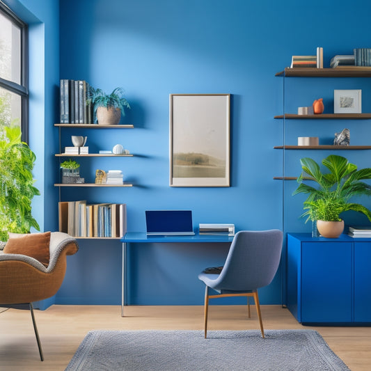 A sleek, modern home office with a minimalist desk, ergonomic chair, and a floor-to-ceiling shelving unit filled with books and decorative plants, against a calming blue-gray background.