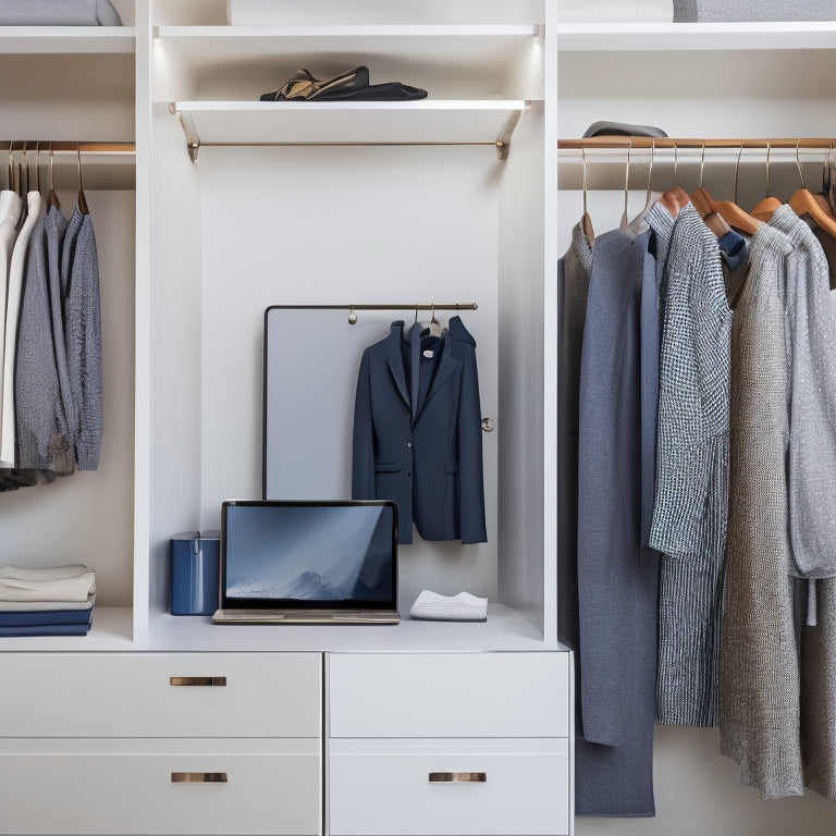 A minimalist, light-filled closet with a smartphone and laptop on a shelf, surrounded by neatly organized clothes and accessories, with a digital tablet displaying a virtual closet organizer app.