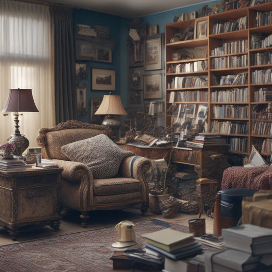 A cluttered living room with a senior citizen in the background, surrounded by stacks of books, scattered newspapers, and tangled cords, with a faint outline of a tidy room in the foreground.